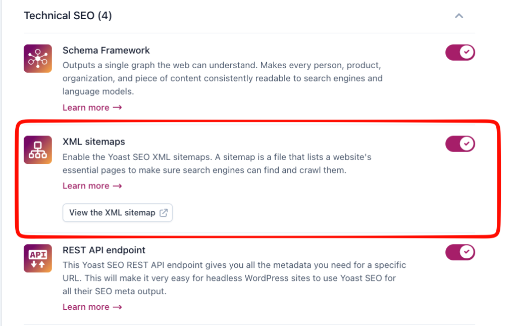 หน้าตั้งค่าเปิดใช้งาน XML Sitemap ในปลั๊กอิน Yoast SEO