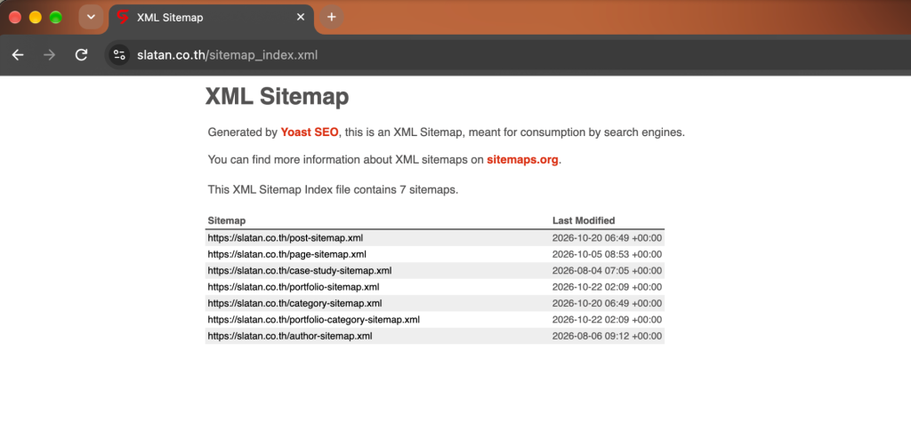 ตัวอย่างหน้าไฟล์ XML Sitemap ของ WordPress ที่สร้างด้วยปลั๊กอิน Yoast SEO